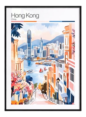 装饰画无框画城市风景HONGKONG香港夜景维多利亚湾街道摄影复古