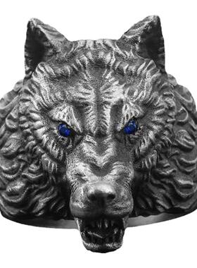 纯银精致雕刻野狼头男士戒指