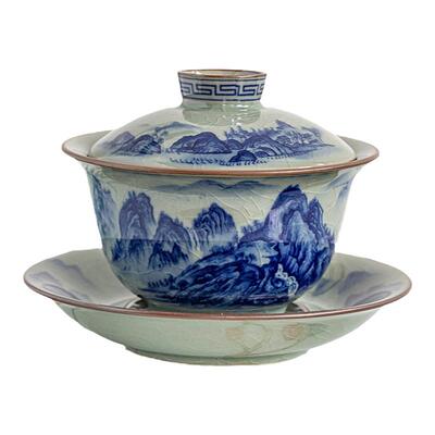青花瓷盖碗景德镇老陶泥开片