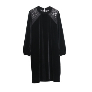 春秋新款立领长袖中长款高端金丝绒连衣裙气质名媛拼接蕾丝直筒裙