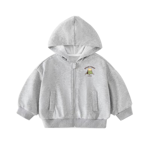 儿童外套2026早春新款女童上衣春装男童灰色连帽拉链卫衣宝宝衣服