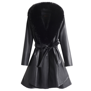 海宁真皮羽绒服女中长款绵羊皮2025新款冬小个子收腰系带皮草外套