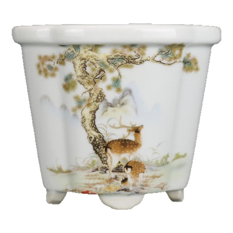 仿古瓷器粉彩松鹿延年小花钵花盆 景德镇瓷庄 仿古摆件古玩收藏品