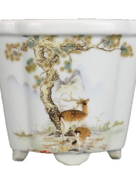 仿古瓷器粉彩松鹿延年小花钵花盆 景德镇瓷庄 仿古摆件古玩收藏品