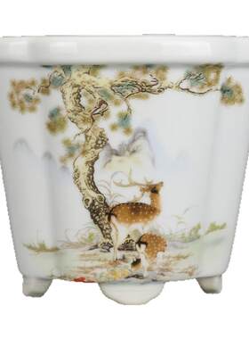 仿古瓷器粉彩松鹿延年小花钵花盆 景德镇瓷庄 仿古摆件古玩收藏品