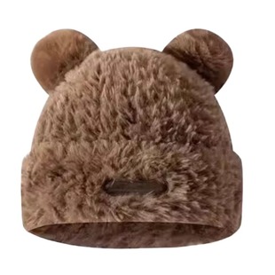 可爱小熊毛绒绒针织毛线帽子女秋冬季显脸小加厚保暖套头帽护耳帽