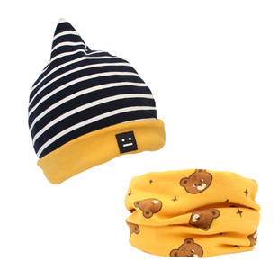 宝宝帽子围脖套装纯棉保暖秋冬女0一1岁婴儿套头帽围巾两件套男童