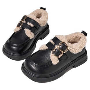 红蜻蜓女童鞋2025秋冬新款加绒儿童棉鞋黑色乐福公主鞋毛毛鞋皮鞋
