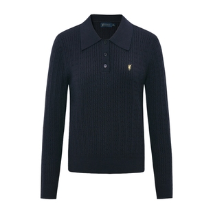 POLOWALK女式长袖针织衫秋冬款polo领绞花毛衣保暖纯色百搭打底衫