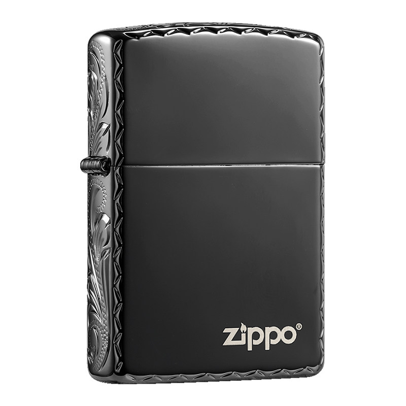 zippo炫酷黑冰商标唐草咬边精雕
