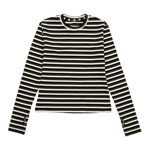 oinimi 长袖圆领温感德绒打底TEE 茶绿色条纹内搭上衣