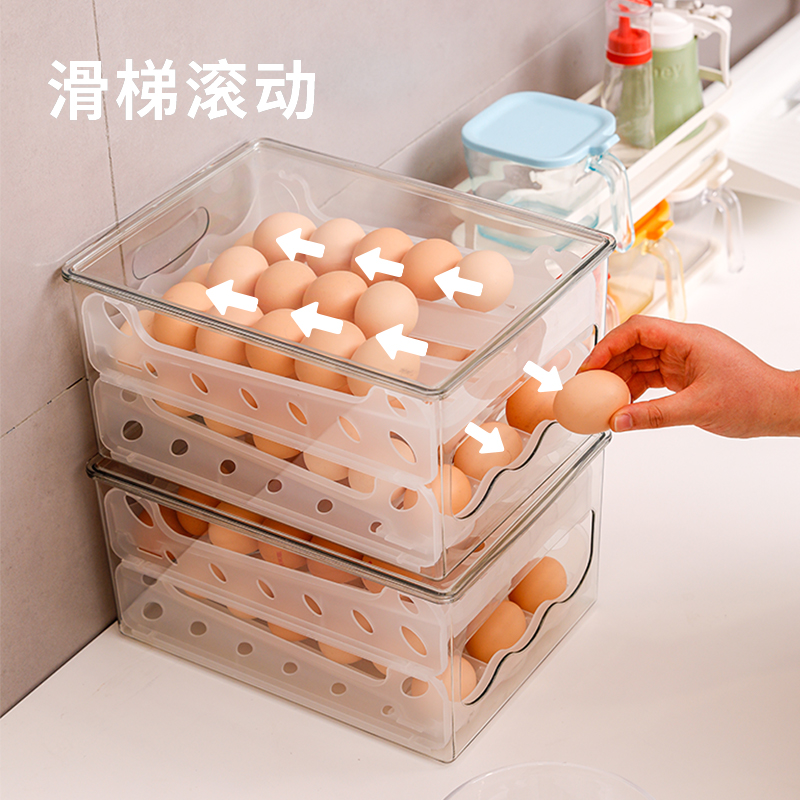 滑梯式鸡蛋收纳盒滚动鸡蛋盒滚蛋双层托架透明鸡蛋盒子冰箱用日式