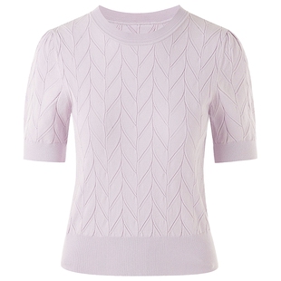 LANCY/朗姿2024夏季新款提花短袖针织衫简约修身百搭薄款上衣女