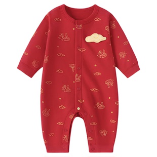 babylove婴儿连体衣四季纯棉新年红色衣服满月宝宝哈衣福顺平安