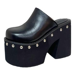 11cm超高跟女鞋增高包头厚底半拖鞋女时尚铆钉坡跟凉拖懒人鞋子秋