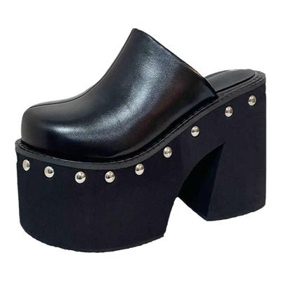 11cm超高跟女鞋增高包头厚底半拖鞋女时尚铆钉坡跟凉拖懒人鞋子秋