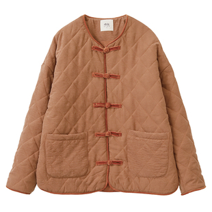 棉叙2024年冬季新桃皮绒改良中式圆领棉衣菱格棉服短外套女24323