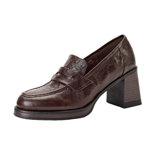 星期六英伦风真皮乐福鞋女粗跟通勤小皮鞋小个子不累脚高跟鞋