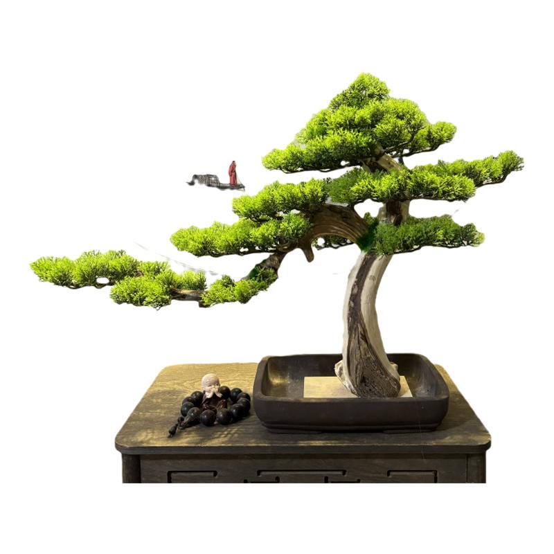 中式高档实木仿真迎客松盆景