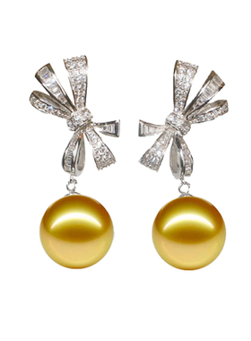 挚彩新品淡水浓金色珍珠贝珠耳饰正圆蝴蝶结设计款吊坠耳钉套装女