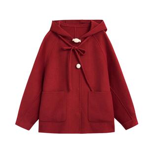 紫涵红色短款连帽双面羊毛呢大衣女冬季新款兔耳朵设计感休闲外套