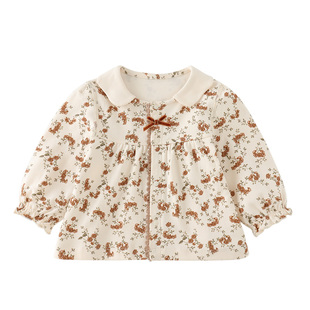 modomoma【梨花落霞】女童长袖T恤秋装儿童娃娃领上衣宝宝打底衫