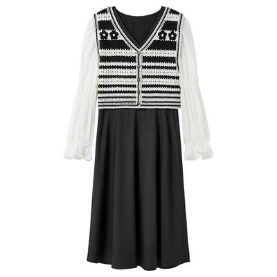 秋水伊人气质马甲连衣裙长袖2023春季新款女显瘦A字裙套装小黑裙