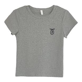 龙妹家灰色刺绣圆领短袖T恤女2026春夏款小众设计感正肩修身上衣