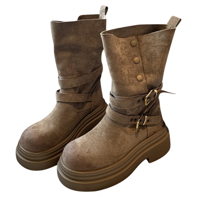 厚底皮带扣绒面复古马丁靴