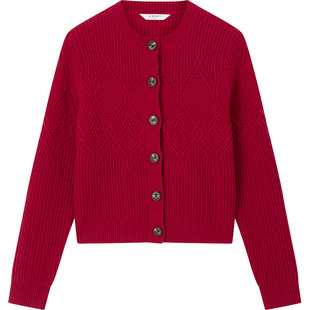 LK BENNETT红色针织开衫2025冬新绵羊毛时尚百搭粗针扭花编织外套