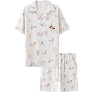 三福男夏季满印小狗翻领睡衣套装 软绵绵宽松短袖家居服518198