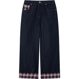 【李希侃同款】BEASTER复古拼接格纹水洗牛仔裤男款直筒长裤女