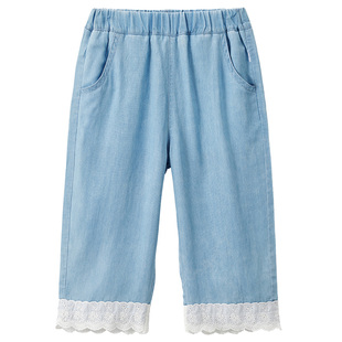 [100%莱赛尔]威尔贝鲁女童裤子蕾丝花边春夏女宝牛仔裤直筒长裤薄