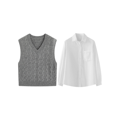 学院风减龄时尚套装女秋冬大码灰色v领麻花马甲毛衣+内搭白色衬衫