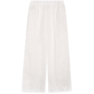 今屿花花白色裤子2025年新款刺绣镂空阔腿裤小个子松紧腰蕾丝裤子