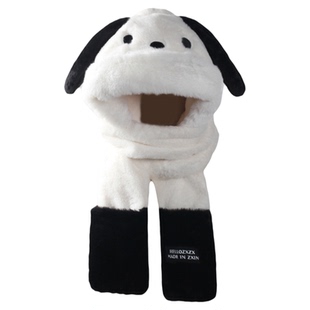 可爱卡通小狗毛绒帽子围巾一体女冬加厚保暖护耳帽骑车滑雪雷锋帽