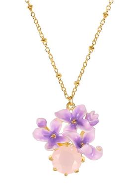 紫色丁香花珐琅粉晶石项链