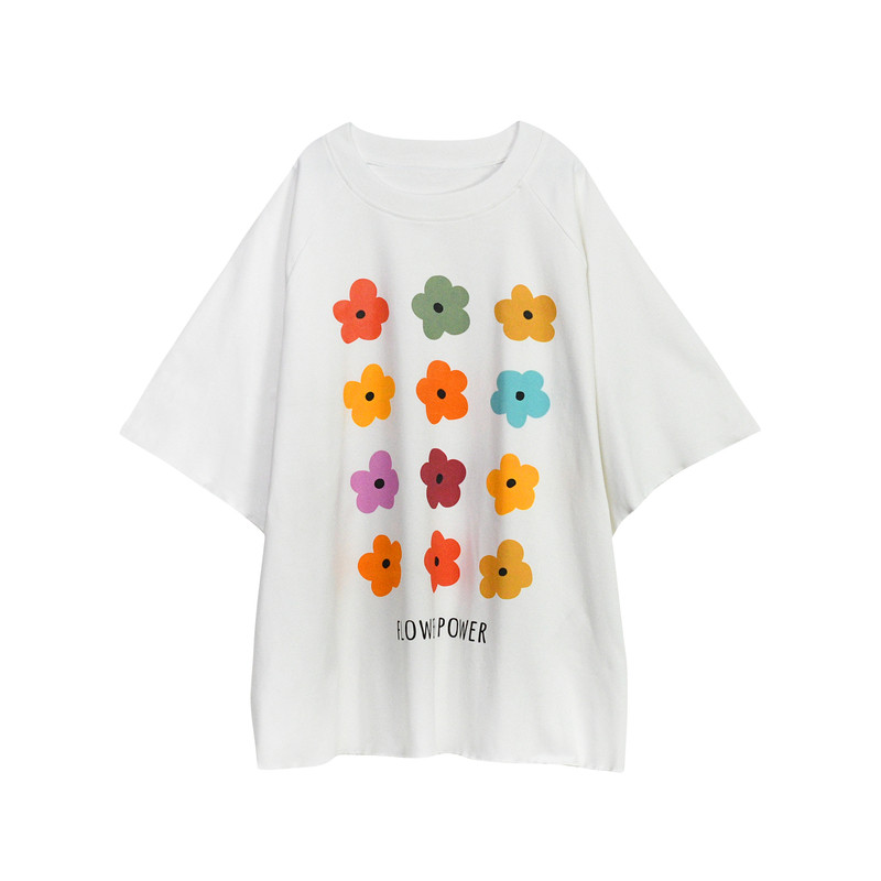 夏季女生米白短袖花朵t恤上衣