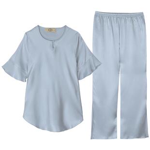美标真丝睡衣女士薄款春夏季中袖桑蚕丝家居服两件套装可外穿短袖