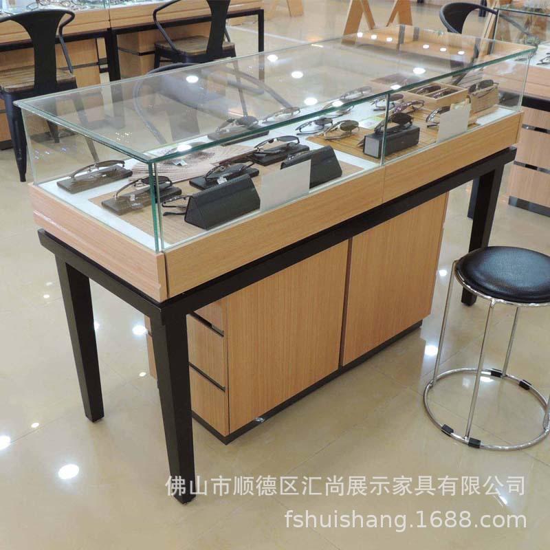 木纹眼镜柜台钢架眼镜陈列柜 商场超市玻璃展示柜 珠宝饰品柜台