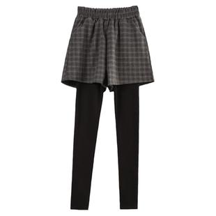 裙裤一体假两件女秋冬高腰毛呢格子半身裙打底裤纯棉裤子外穿加绒