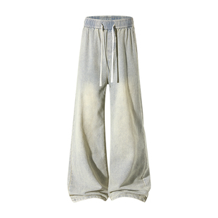 STA新款复古做旧水洗牛仔裤男士宽松抽绳阔腿长裤休闲垂感百搭