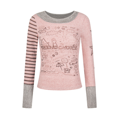 Double L2 涂鸦条纹拼接毛绒长袖T恤女春季轻亚文化百搭修身上衣