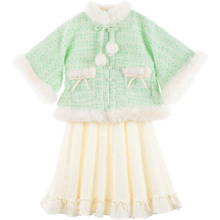 乌扣.玉团暖裘 女童汉服明制套装儿童冬款中国风日常古装日常苔青