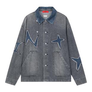 INXX街头美式牛仔外套男女同款撞色拼接领口宽松夹克潮牌情侣