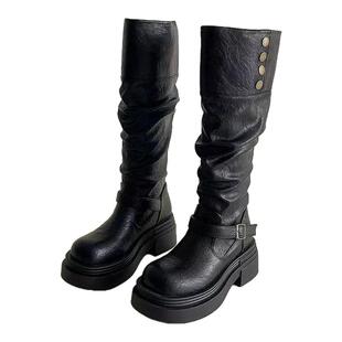 堆堆靴骑士靴女2025新款皮带扣厚底显瘦机车靴长筒靴不过膝中筒靴