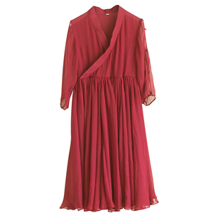 棉麻记白色连衣裙女春夏季2025新款红色气质长裙收腰闺蜜裙沙滩裙