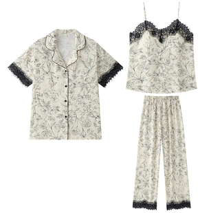 乐姿梦睡衣女士夏季春秋款冰丝长袖吊带三件套短袖蕾丝印花家居服