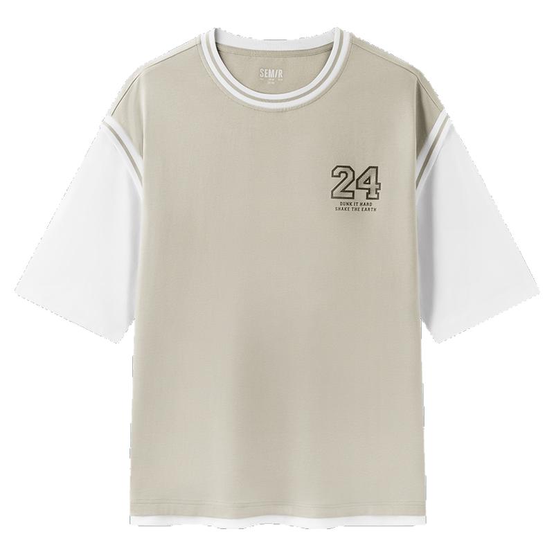 森马短袖T恤男时尚假两件上衣夏季oversize运动球服潮流撞色印花