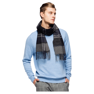 圣雪绒100%山羊绒苏格兰格纹深灰色羊绒围巾